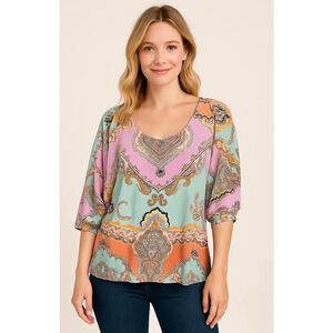 Cato Women's Blouse Pink‎ Aqua Sz XL V-Neck Paisley 3/4 Sleeves Coastal Cowgirl